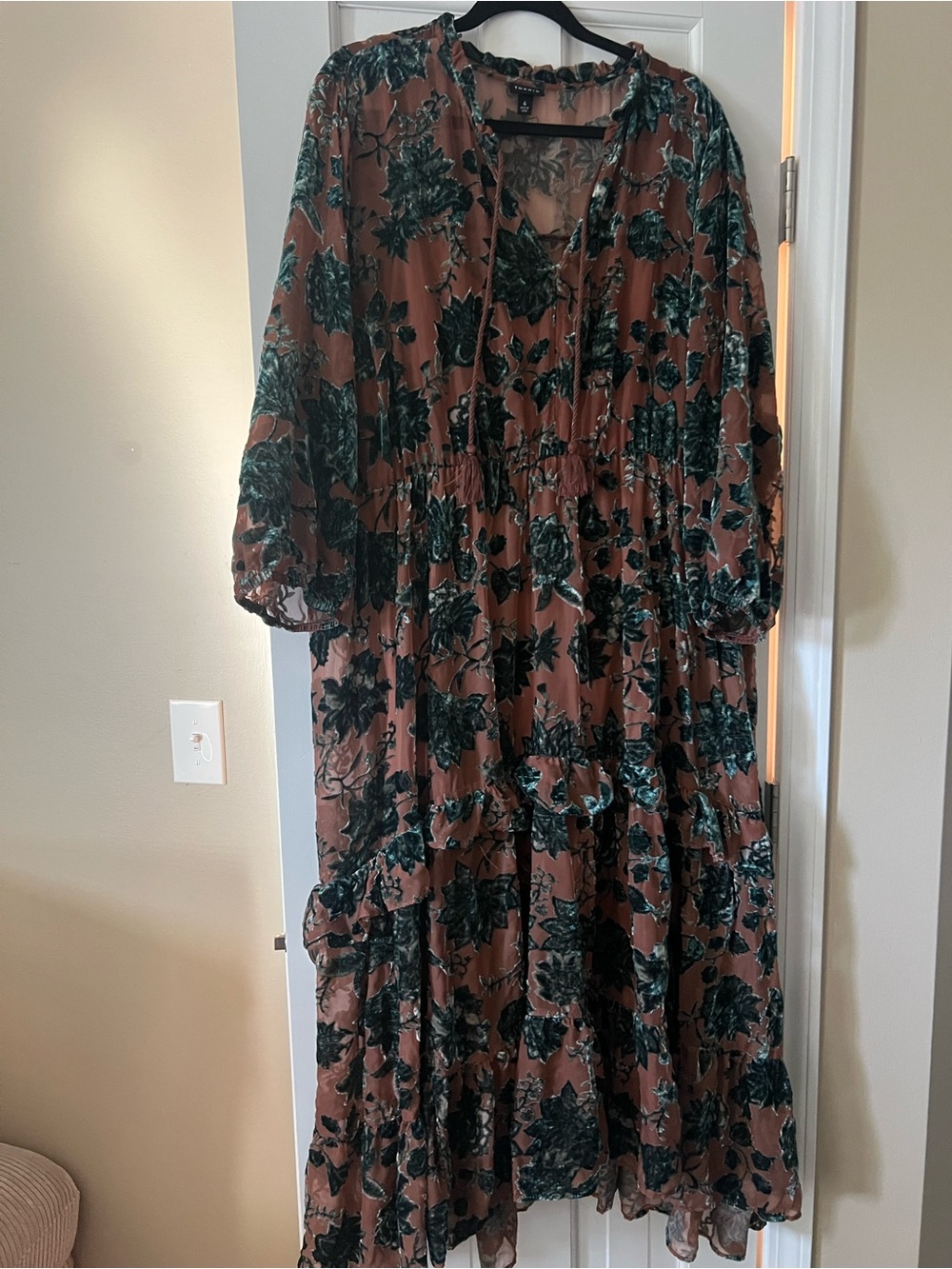 torrid Brown Maxi Dress with Dark Green Floral Velvet Burnout